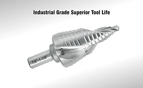 Industrial HSS Step Drill Bit 7/8'' to 1-1/8'' with 3/8'' Shank, Unibit Double Spiral Flute for Metal, Stainless Steel, Aluminum, Plastic - size: 7/8'' to 1-1/8''