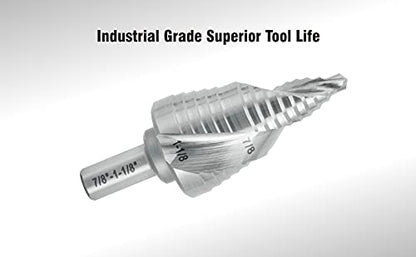 Industrial HSS Step Drill Bit 7/8'' to 1-1/8'' with 3/8'' Shank, Unibit Double Spiral Flute for Metal, Stainless Steel, Aluminum, Plastic - size: 7/8'' to 1-1/8''