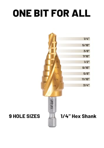 Industrial HSS Step Drill bit 1/4''-3/4'' with 1/4'' Hex Shank, Unibit Double Spiral Flute with TiN Coating for Metal, Stainless Steel, Aluminum, Plastic - size: 1/4-3/4''