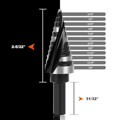 M2 Step Drill Bit for Metal,12 Steps from 3/16" to 7/8" Spiral Flutes - size: M2 3/16"-7/8"