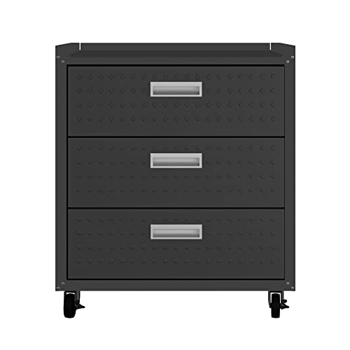 Manhattan Comfort Fortress 31.5-Inch Rolling Garage Tool Chest, 3-Drawer Lockable Mobile Storage Cabinet, Diamond-Textured Steel Utility Organizer with Wheels for Basement, Workshop in Charcoal Grey - color: Charcoal Gray, style: 3-Drawer