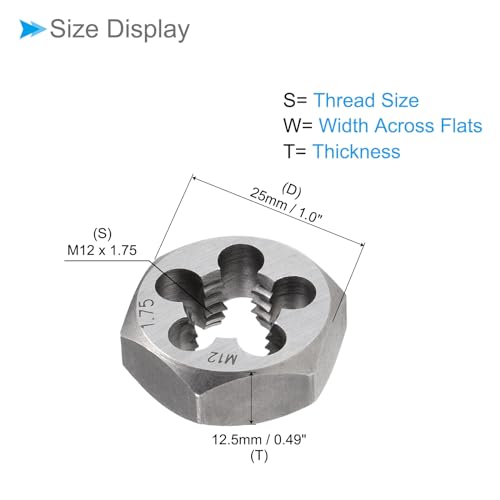 Hex Rethreading Die, M12 x 1.75 Pitch, Carbon Steel Cylindrical Pipe Threading Tool with 5 Chip Holes - (Applications: for Threading Repairing) - size: M12x1.75