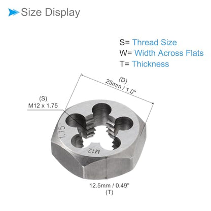 Hex Rethreading Die, M12 x 1.75 Pitch, Carbon Steel Cylindrical Pipe Threading Tool with 5 Chip Holes - (Applications: for Threading Repairing) - size: M12x1.75
