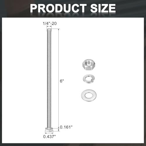 uxcell 20Set Hex Head Screw Bolt 1/4-20 x 6 304 Stainless Steel Fully Threaded Screw Bolt with Nuts, Flat & Lock Washers, Silver - size: 1/4-20 x 6"