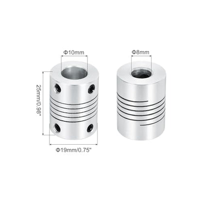 uxcell 2Pcs 8mm to 10mm Aluminum Alloy Shaft Coupling L25xD19 Flexible Coupler Beam for 3D Printer CNC Machine DIY Encoders and Motors Shaft,Silver - size: 8mm to 10mm