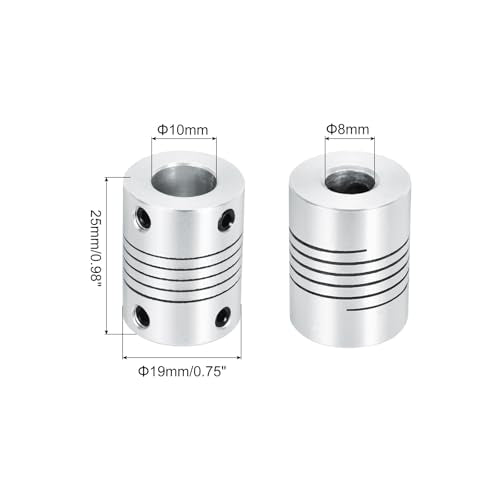 uxcell 2Pcs 8mm to 10mm Aluminum Alloy Shaft Coupling L25xD19 Flexible Coupler Beam for 3D Printer CNC Machine DIY Encoders and Motors Shaft,Silver - size: 8mm to 10mm