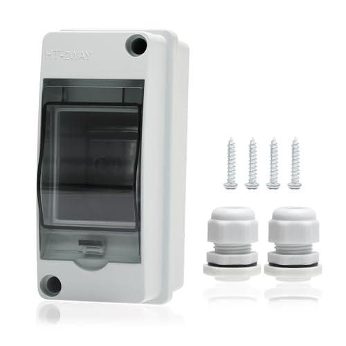 2 Way Distribution Protection Box,ABS/PC Alloy Plastic Transparent Cover Circuit Breaker Box IP66 Waterproof Distribution Box with DIN Rail and Waterproof Connector - size: HT-2