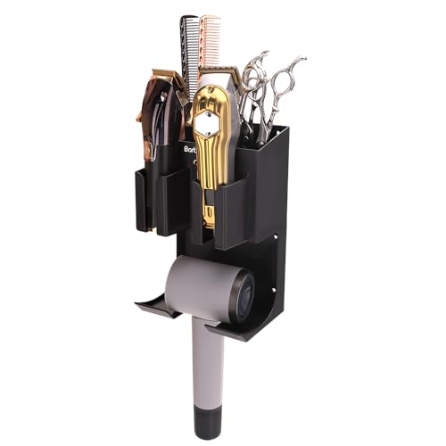 Hair Tool Organizer Wall Mounted, Hair Dryer and Styling Holder with Towel Bar, Bathroom Blow Dryer Holder, Farmhouse Vanity Caddy Storage Stand for Accessories Makeup(Black) - size: 5.9 x 9.2 x 5.6 Wall-mounted