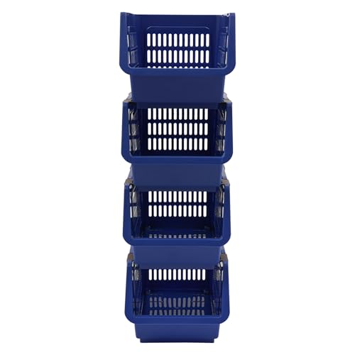 4 Pcs Open Front Stackable Storage Bins, PP Stacking Organizer Baskets with Rolling Wheels, Telescopic Buckles, Nestable, 38.58lbs Load (Blue) - color: Blue