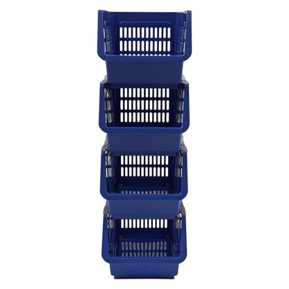 4 Pcs Open Front Stackable Storage Bins, PP Stacking Organizer Baskets with Rolling Wheels, Telescopic Buckles, Nestable, 38.58lbs Load (Blue) - color: Blue