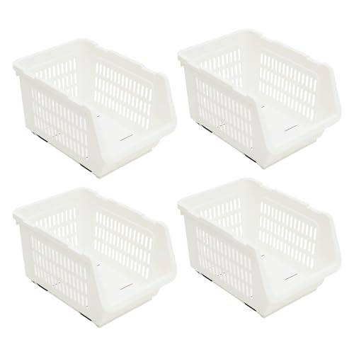4 Pcs Open Front Stackable Storage Bins, PP Stacking Organizer Baskets with Rolling Wheels, Telescopic Buckles, Nestable, 38.58lbs Load (White) - color: White