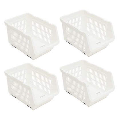 4 Pcs Open Front Stackable Storage Bins, PP Stacking Organizer Baskets with Rolling Wheels, Telescopic Buckles, Nestable, 38.58lbs Load (White) - color: White