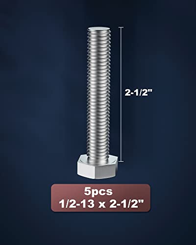 1/2-13 x 2-1/2" (1 to 7" Optional) Hex Head Screw Bolt, Stainless Steel 18-8(304), Fully Threaded,5pcs - size: 1/2-13 x 2-1/2"