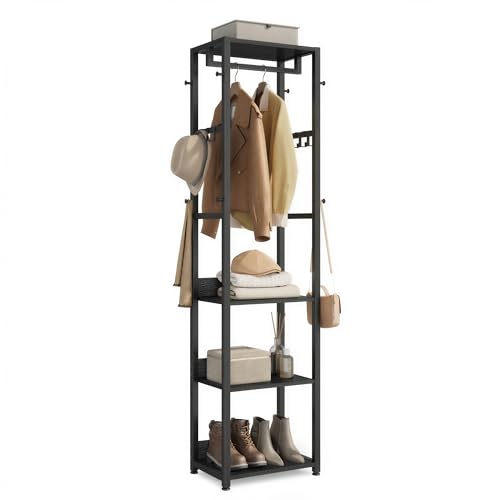 VASAGLE Freestanding Coat Rack, Hall Tree with Shelves, Steel Frame - color: Ink Black + Charcoal Gray, style: Industrial