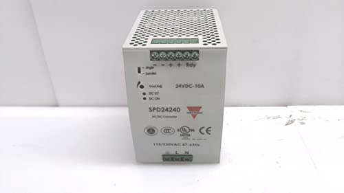 CARLO GAVAZZI SPD242401 DIN Rail Mount Switching Power Supply, 83.5 mm Wide, 90-264 VAC or 210-375 VDC Supply Voltage, Adjustable 24 VDC, 10 amp, 240 W output, 89% Efficiency, PFC and Parallel Output Function, Power Ready Output, IP20 Cover, Diagnostic LE