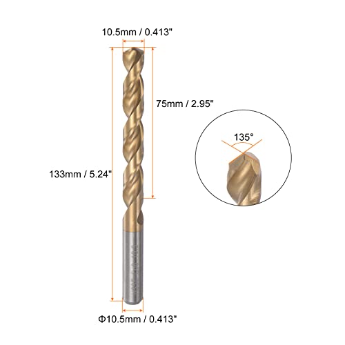 HARFINGTON Twist Drill Bit 10.5mm Titanium Coated (HSS-E) M42 High Speed Steel 8% Cobalt Straight Shank for Stainless Steel Aluminum Alloy Metal - size: 10.5mm