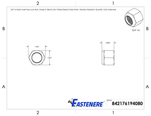 Fastenere Nylon Insert Hex Lock Nuts - 3/4"-16 (10-Pack) Grade 2 Zinc, Clear Finish, Vibaration-Resistant, Durable Multi-Use Hardware Nuts - Secure Fastening w/Hex Socket Drive - size: 3/4"-16 (10 Pack)