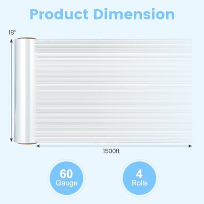 18" x 1500 ft Stretch Film, 60 Gauge Heavy Duty Shrink Film Stretch Wrap, 4 Pack Shrink Wrap Roller for Packing, Moving Supplies, Furniture & Pallets - size: 4 Rolls