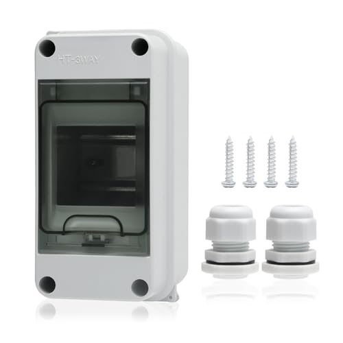 3 Way Distribution Protection Box,ABS/PC Alloy Plastic Transparent Cover Circuit Breaker Box IP66 Waterproof Distribution Box with DIN Rail and Waterproof Connector, WHITE, HT-3WAY - size: HT-3
