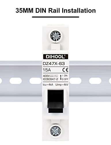DIHOOL AC/DC Miniature Circuit Breakers, 2 Pack, Single Pole 15 Amp, 12V 24V 48V 400V, Non Polarized, Solar Disconnect Switch, DIN Rail Mount, RV Battery Isolator, PV Array MCB, Thermal Magnetic Trip