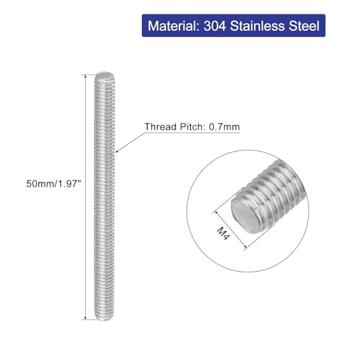 uxcell 8Pcs Fully Threaded Rod, M4 x 50mm 304 Stainless Steel Right Hand Thread Bar Studs M4-0.7 Thread Pitch for Furniture Machinery Assembly - size: M4 x 50mm