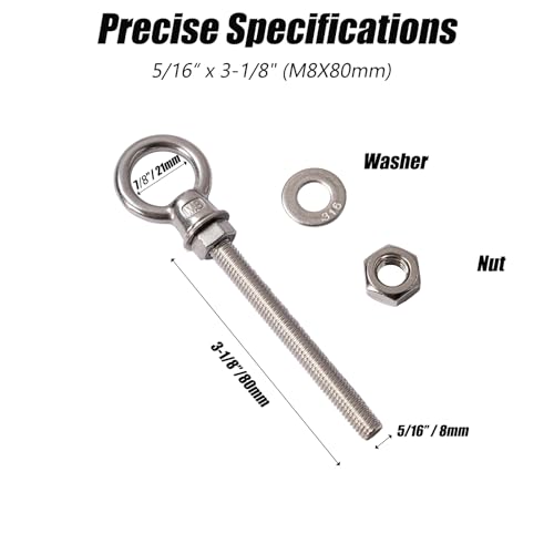 Heavy Duty 316 Stainless Steel Shoulder Eye Bolts 4 Pack, Marine Grade Threaded Eyebolts with Nuts and Washers for Lifting and Hanging (5/16“ x 3-1/8" (M8X80mm)) - size: 5/16“ x 3-1/8" (M8X80mm)