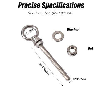 Heavy Duty 316 Stainless Steel Shoulder Eye Bolts 4 Pack, Marine Grade Threaded Eyebolts with Nuts and Washers for Lifting and Hanging (5/16“ x 3-1/8" (M8X80mm)) - size: 5/16“ x 3-1/8" (M8X80mm)