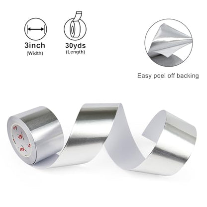 BOMEI PACK Aluminum Foil Tape,Heavy Duty Metal Foil Tape,High Temperature Silver Duct Tape,Perfect for Sealing & Patching,HVAC,Air Ducts,Insulation and Metal Repair (3 Inch) - size: 3 Inch x 30 Yards