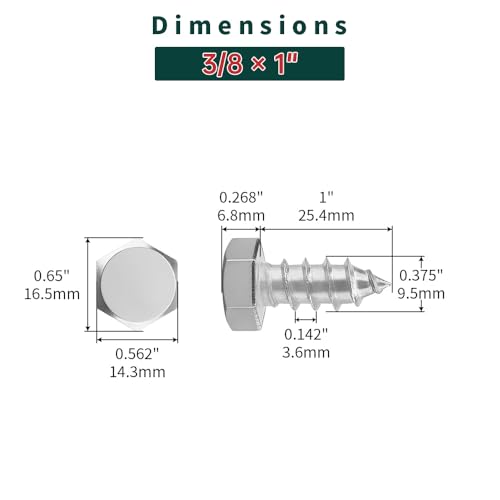 3/8 x 1 Hex Head Lag Screws Bolts with Flat Washers (20 Sets), 304 Stainless Steel 18/8, Full Thread, Deck Screws, Heavy Duty Hex Head Wood Lag Screws, Fayeploo - size: 3/8 x 1"