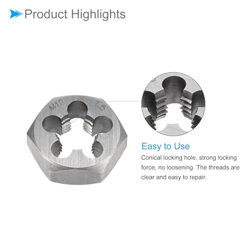 Hex Rethreading Die, M12 x 1.5 Pitch, Carbon Steel Cylindrical Pipe Threading Tool with 5 Chip Holes - (Applications: for Threading Repairing) - size: M12x1.5