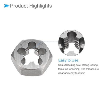 Hex Rethreading Die, M12 x 1.5 Pitch, Carbon Steel Cylindrical Pipe Threading Tool with 5 Chip Holes - (Applications: for Threading Repairing) - size: M12x1.5