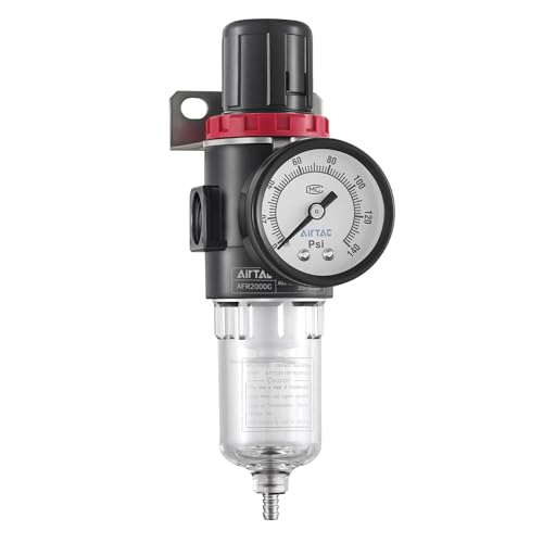 Compressed Air Pressure Filter Regulator Airtac AFR2000-C 1/4'' NPT 0-140 PSI Combo Piggybac Adjustable,Bracket,Gauge Semi-Auto Drain - size: AFR2000C-1/4"NPT
