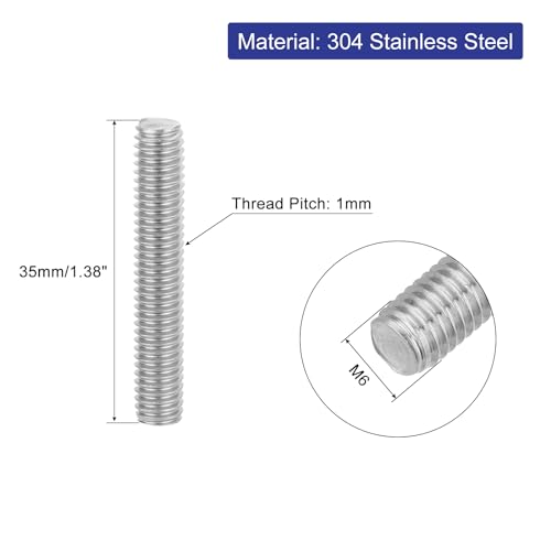 uxcell 8Pcs Fully Threaded Rod, M6 x 35mm 304 Stainless Steel Right Hand Thread Bar Studs M6-1 Thread Pitch for Furniture Machinery Assembly - size: M6 x 35mm