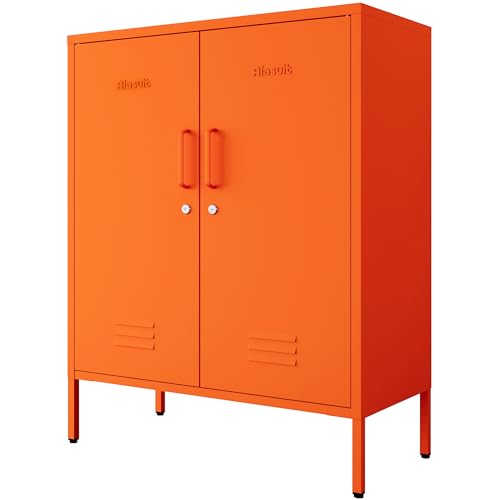 Orange 2-Door Lockable Metal Storage Cabinet, Heavy Duty 3-Tier Tall Locker with Removable Shelves, Multifunctional Accent Cabinet for Home, Office, Entryway & Hallway, Easy Assembly - color: Sunlight