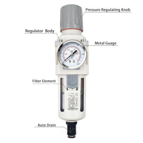 XingNEeng 1/2" NPT Compressed Air Filter Regulator Combo Piggyback, Water/Oil Trap Separator with Pressure Gauge(0-150 psi), Auto Drain, Poly Bowl, 5 Micron Brass Element, Metal Bracket - color: 1/2" Npt, size: Auto Drain