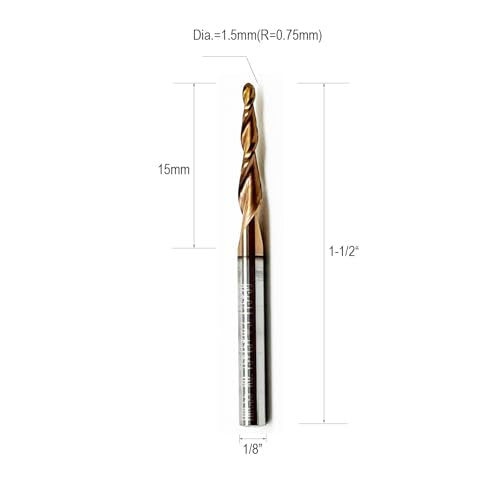5Pcs Tapered Ball Nose End Mill Set, 1/8” Shank, 0.75mm Radius (1.5mm Diameter) Tips, Premium CNC Router Bits for Precision 3D Woodworking and Detail Carving