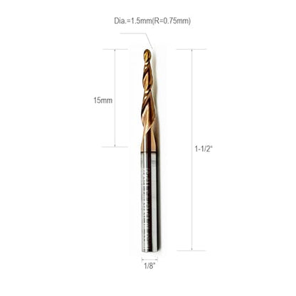 5Pcs Tapered Ball Nose End Mill Set, 1/8” Shank, 0.75mm Radius (1.5mm Diameter) Tips, Premium CNC Router Bits for Precision 3D Woodworking and Detail Carving