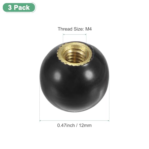M METERXITY 3-Pack Threaded Ball Knobs, M4 Female Thread 12mm Dia. Thermoset Ball Knob for Lathe/Machine/Lawn Mowers, Round Phenolic Brass Insert Lever Handle [Black] - color: Black, size: M4x12mm