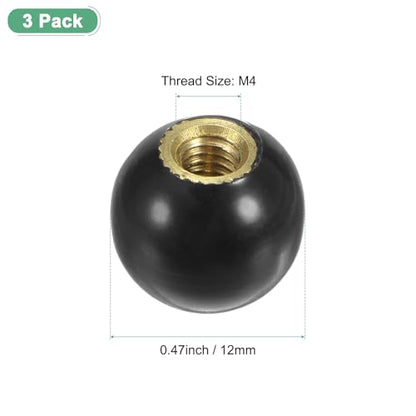 M METERXITY 3-Pack Threaded Ball Knobs, M4 Female Thread 12mm Dia. Thermoset Ball Knob for Lathe/Machine/Lawn Mowers, Round Phenolic Brass Insert Lever Handle [Black] - color: Black, size: M4x12mm
