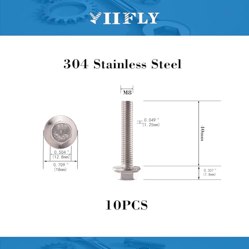 M8x1.25 x 40mm Flanged Hex Head Bolts, 304 Stainless Steel (A2-70), Bright Finish, Fully Threaded, Hexagon Head Flange Bolts, Quantity 10 - size: 40mm(10PCS)