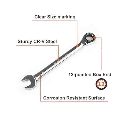 Egofine 9mm Ratcheting Combination Wrench Metric, Industrial Grade Gear Spanner with 12-Point Design, 72-Tooth Ratchet, Chrome Vanadium Steel - size: 9mm
