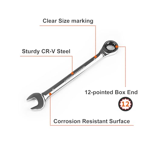 Egofine 9mm Ratcheting Combination Wrench Metric, Industrial Grade Gear Spanner with 12-Point Design, 72-Tooth Ratchet, Chrome Vanadium Steel - size: 9mm