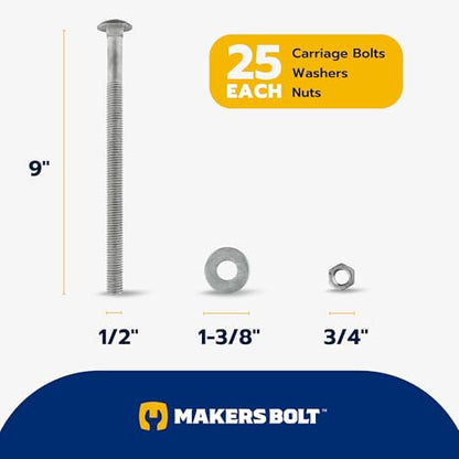 1/2" x 9" (25 Pack) Galvanized Carriage Bolt Kit Grade 307A Includes 1/2" USS Flat Washers (25 pcs) and 1/2"-13 Hex Nuts (25 pcs), Hot Dip Galvanized for Exterior Use by Makers Bolt - size: 1/2 x 9