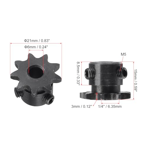 uxcell #25 Chain Roller Sprocket, 6mm Bore 1/4" Pitch 9 Tooth Single Strand Chain Sprocket, C45 Carbon Steel 25 Roller Chain Sprocket with Set Screws for ISO 04C Chain, 2Pcs - size: 21mmx6mm
