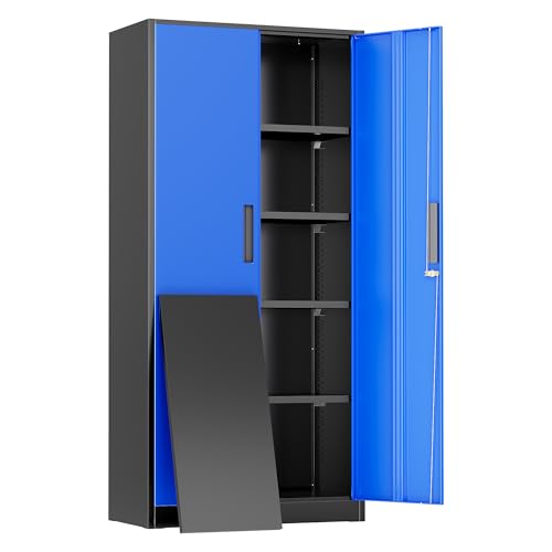 Greenvelly Metal Storage Cabinet, 72" Locking Metal Garage Storage Cabinet with Doors and 4 Adjustable Shelves, Lockable Steel Cabinet for Home Office, Garage, Shop, School (Blue 32" W x 16" D) - color: Blue, size: 72 Inch - 32W