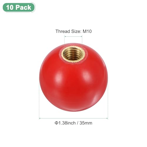 M METERXITY 10-Pack Threaded Ball Knobs, M10 Female Thread 35mm Dia. Thermoset Ball Knob for Lathe/Machine/Lawn Mowers, Round Phenolic Brass Insert Lever Handle [Red] - size: M10x35mm