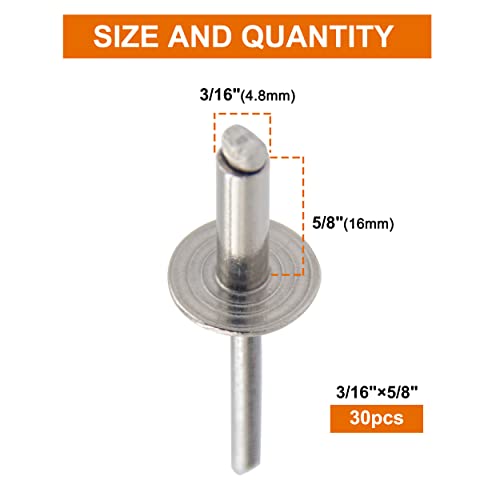 ISPINNER 30pcs 3/16" x 5/8" Stainless Steel Large Flange Blind Rivets, 4.8 x 16mm Pop Rivets - size: 3/16" x 5/8"
