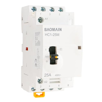 BAOMAIN 24V 4-Pole 25A Manual/Auto AC Contactor, 4NO, DIN Rail Mount