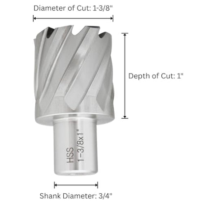 Accusize HSS Annular Cutter 1-3/8 x 1 in Cutting Depth, 3/4" Weldon Shank - size: Dia of Cut: 1-3/8 in., 3/4 in. Weldon Shank
