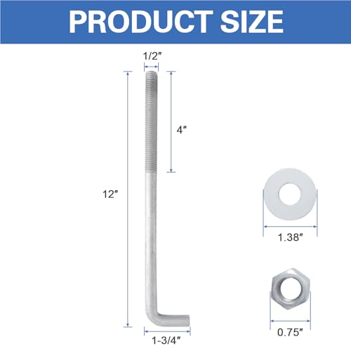 1/2” x 12” Concrete Anchor Bolts (25 Pack) L Shaped, Hot-Dip Galvanized - size: 1/2"x12" (25 PCS)